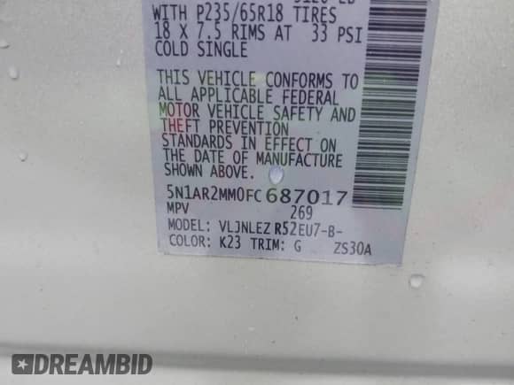 2015 Nissan Pathfinder SL с VIN 5N1AR2MM0FC687017, выставлен на аукционе IAAI как лот 41059799 с пробегом 87 041 миль миль и . История ставок и продаж доступна на DreamBid. Изображение 9.