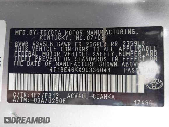 2009 Toyota Camry with VIN 4T1BE46KX9U336041, listed as a IAAI auction lot 43281805 with 246,875 mi miles and . Bid and sale history available at DreamBid. Image 9.