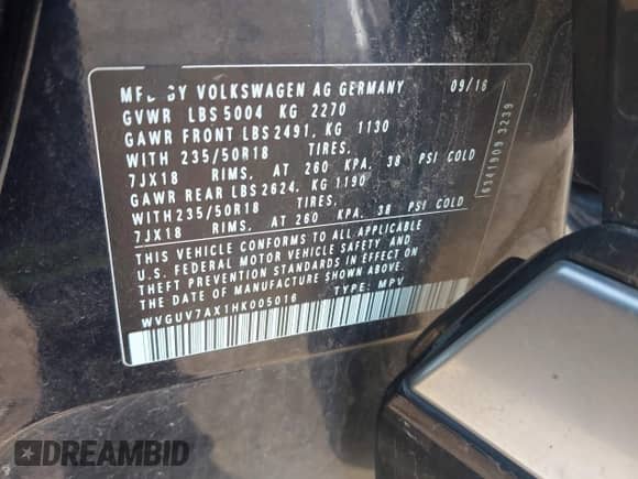 2017 Volkswagen Tiguan Sport с VIN WVGUV7AX1HK005016, выставлен на аукционе IAAI как лот 43291534 с пробегом 119 678 миль миль и . История ставок и продаж доступна на DreamBid. Изображение 9.