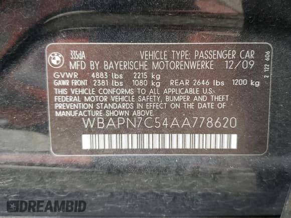 2010 BMW 3 Series 335d с VIN WBAPN7C54AA778620, выставлен на аукционе Copart как лот 48547995 с пробегом 90 684 миль миль и Списание • Salvage title. История ставок и продаж доступна на DreamBid. Изображение 12.