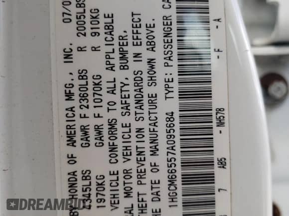 2007 Honda Accord EX-L with VIN 1HGCM66557A095684, listed as a Copart auction lot 69805025 with 165,213 mi miles and Salvage title. Bid and sale history available at DreamBid. Image 12.