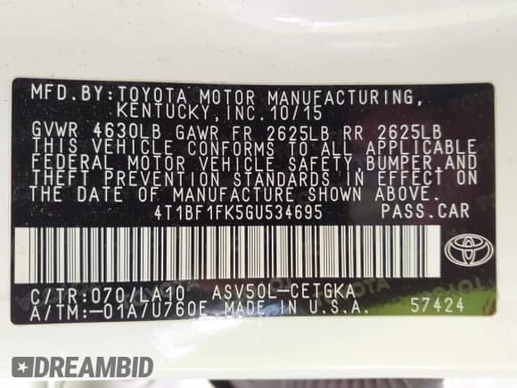 2016 Toyota Camry XLE с VIN 4T1BF1FK5GU534695, выставлен на аукционе IAAI как лот 42647315 с пробегом 152 332 миль миль и . История ставок и продаж доступна на DreamBid. Изображение 9.