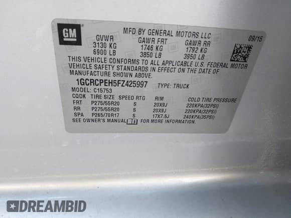 2015 Chevrolet Silverado 1500 LS with VIN 1GCRCPEH5FZ425997, listed as a IAAI auction lot 41994916 with 67,696 mi miles and . Bid and sale history available at DreamBid. Image 9.