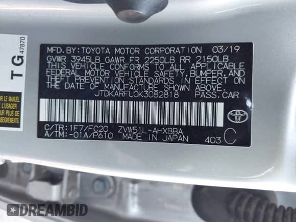 2019 Toyota Prius L Eco с VIN JTDKARFU0K3082818, выставлен на аукционе IAAI как лот 43195399 с пробегом 99 658 миль миль и . История ставок и продаж доступна на DreamBid. Изображение 9.