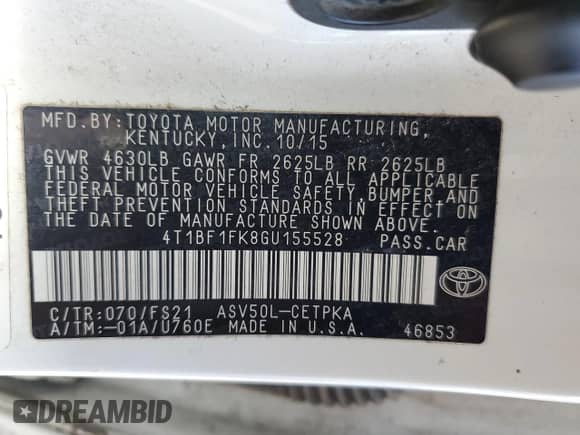 2016 Toyota Camry SE с VIN 4T1BF1FK8GU155528, выставлен на аукционе Copart как лот 65899295 с пробегом 220 834 миль миль и Списание • Salvage title. История ставок и продаж доступна на DreamBid. Изображение 12.