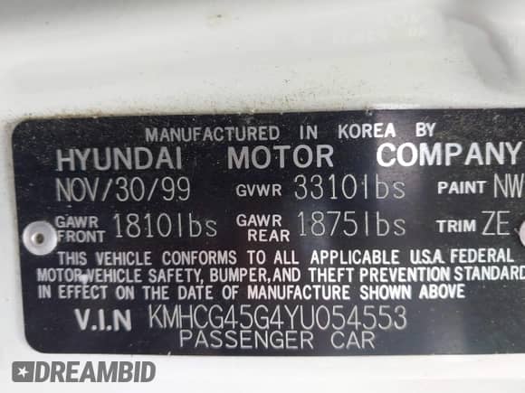 2000 Hyundai Accent with VIN KMHCG45G4YU054553, listed as a IAAI auction lot 43004889 with 72,789 mi miles and . Bid and sale history available at DreamBid. Image 9.