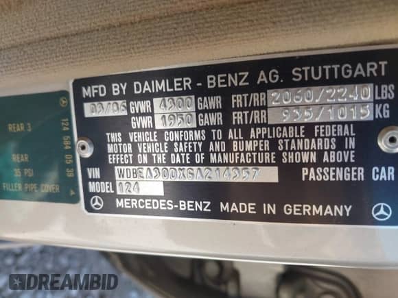 1986 Mercedes-Benz 300 E z VIN WDBEA30DXGA214357, wystawiony jako IAAI lot #42517226 z przebiegiem 169 670 mil mil oraz . Historia ofert i sprzedaży dostępna na DreamBid. Obrazek 9.