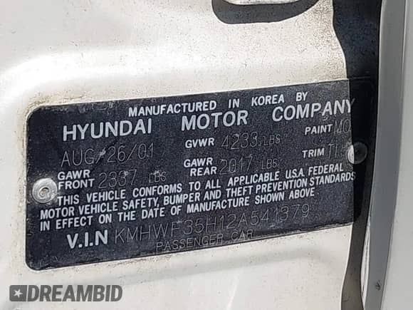 2002 Hyundai Sonata GLS z VIN KMHWF35H12A541379, wystawiony jako IAAI lot #42736860 z przebiegiem 190 682 mil mil oraz . Historia ofert i sprzedaży dostępna na DreamBid. Obrazek 9.