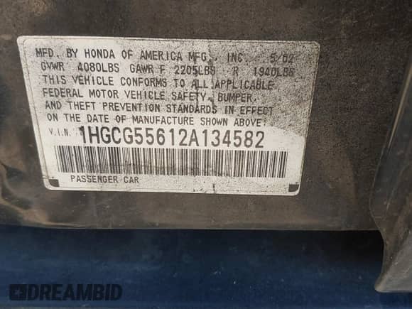 2002 Honda Accord EX with VIN 1HGCG55612A134582, listed as a IAAI auction lot 43419576 with 344,066 mi miles and . Bid and sale history available at DreamBid. Image 9.