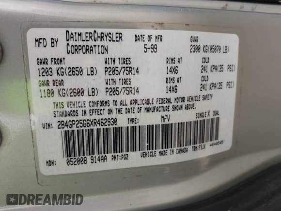 1999 Dodge Caravan z VIN 2B4GP25G6XR462930, wystawiony jako IAAI lot #41930606 z przebiegiem 196 799 mil mil oraz . Historia ofert i sprzedaży dostępna na DreamBid. Obrazek 9.