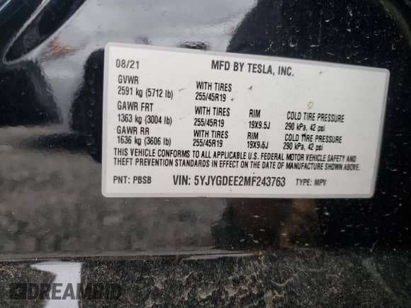 2021 Tesla Model Y Long Range с VIN 5YJYGDEE2MF243763, выставлен на аукционе Copart как лот 54941665 с пробегом 39 516 миль миль и Чистый • Clean title. История ставок и продаж доступна на DreamBid. Изображение 12.
