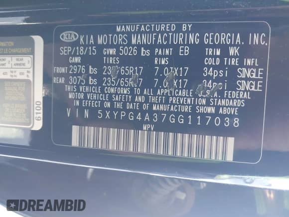 2016 Kia Sorento LX with VIN 5XYPG4A37GG117038, listed as a IAAI auction lot 43138564 with 296,457 mi miles and . Bid and sale history available at DreamBid. Image 9.