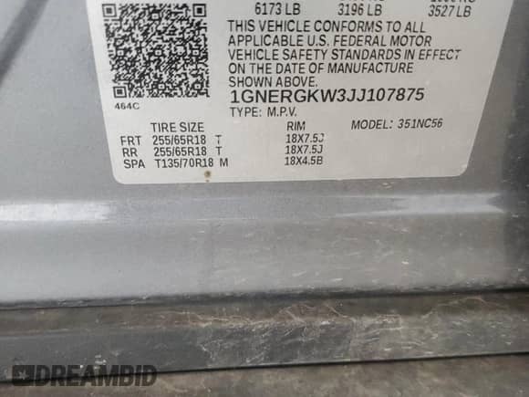 2018 Chevrolet Traverse LT Cloth with VIN 1GNERGKW3JJ107875, listed as a Copart auction lot 61627745 with 133,980 mi miles and Salvage title. Bid and sale history available at DreamBid. Image 13.