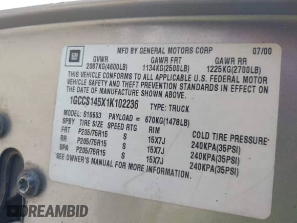 2001 Chevrolet S-10 с VIN 1GCCS145X1K102236, выставлен на аукционе IAAI как лот 43239212 с пробегом 130 819 миль миль и . История ставок и продаж доступна на DreamBid. Изображение 9.