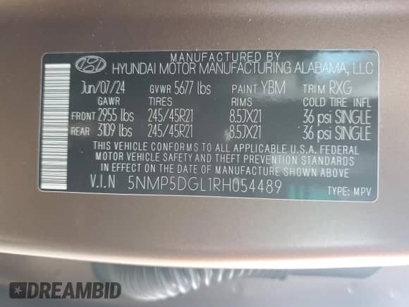 2024 Hyundai Santa Fe Calligraphy с VIN 5NMP5DGL1RH054489, выставлен на аукционе Copart как лот 81032475 с пробегом 8 863 миль миль и Списание • Salvage title. История ставок и продаж доступна на DreamBid. Изображение 13.