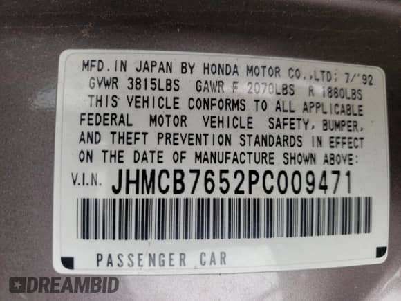 1993 Honda Accord LX z VIN JHMCB7652PC009471, wystawiony jako Copart lot #47173745 z przebiegiem 126 397 mil mil oraz Czysty tytuł • Clean title. Historia ofert i sprzedaży dostępna na DreamBid. Obrazek 12.