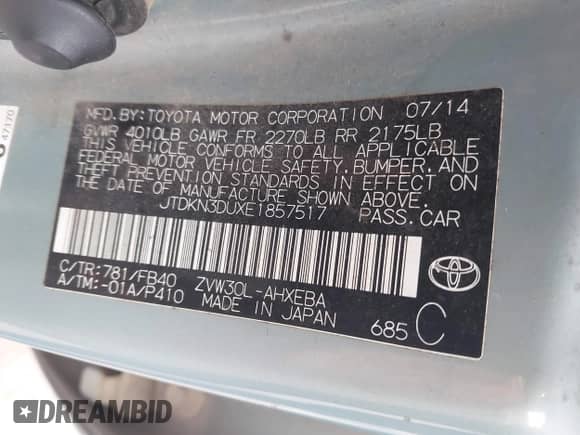 2014 Toyota Prius Four с VIN JTDKN3DUXE1857517, выставлен на аукционе IAAI как лот 43188681 с пробегом 202 520 миль миль и . История ставок и продаж доступна на DreamBid. Изображение 9.