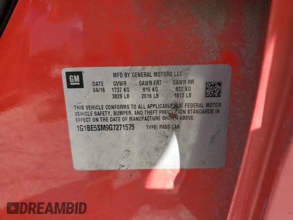 2016 Chevrolet Cruze LT with VIN 1G1BE5SM9G7271575, listed as a Copart auction lot 70115785 with 235,300 mi miles and Salvage title. Bid and sale history available at DreamBid. Image 12.