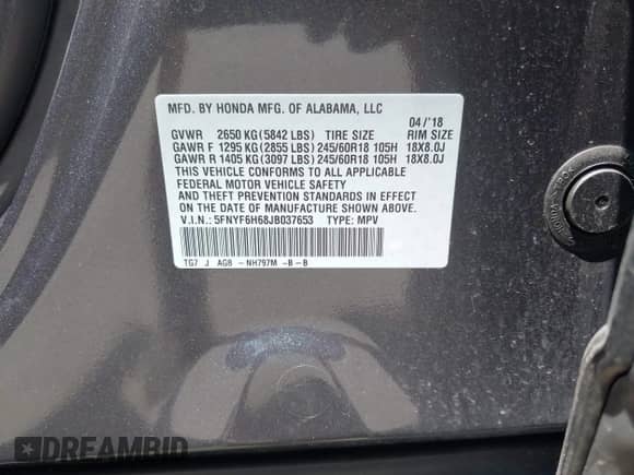 2018 Honda Pilot EX-L z VIN 5FNYF6H68JB037653, wystawiony jako IAAI lot #42556559 z przebiegiem 40 028 mil mil oraz . Historia ofert i sprzedaży dostępna na DreamBid. Obrazek 9.