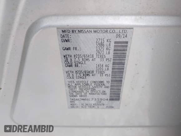 2014 Nissan Pathfinder SL with VIN 5N1AR2MN6EC735904, listed as a IAAI auction lot 42817020 with 190,936 mi miles and . Bid and sale history available at DreamBid. Image 9.