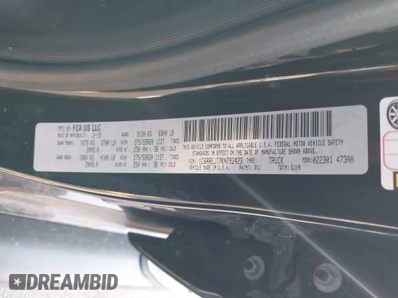 2019 Ram 1500 Laramie with VIN 1C6RREJT7KN792423, listed as a IAAI auction lot 43058571 with 118,086 mi miles and . Bid and sale history available at DreamBid. Image 9.