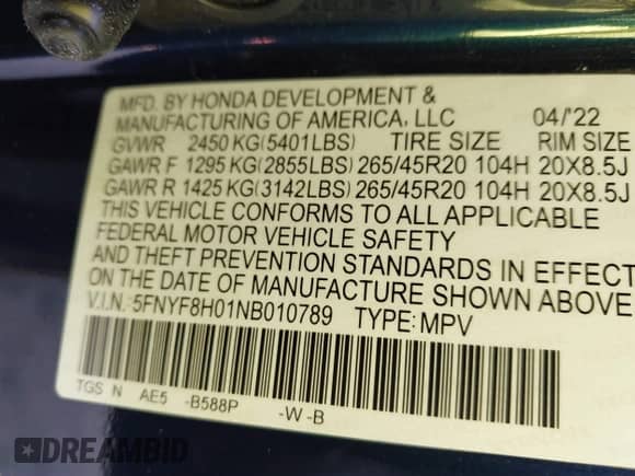 2022 Honda Passport Elite с VIN 5FNYF8H01NB010789, выставлен на аукционе IAAI как лот 41623091 с пробегом 17 764 миль миль и . История ставок и продаж доступна на DreamBid. Изображение 9.