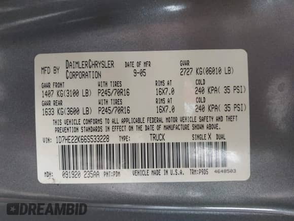 2006 Dodge Dakota ST with VIN 1D7HE22K66S533228, listed as a IAAI auction lot 42895236 with 129,651 mi miles and . Bid and sale history available at DreamBid. Image 9.