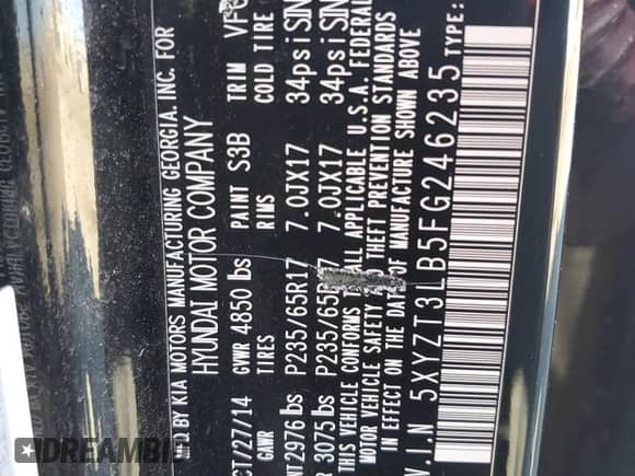 2015 Hyundai Santa Fe с VIN 5XYZT3LB5FG246235, выставлен на аукционе Copart как лот 80035095 с пробегом 118 285 миль миль и Чистый • Clean title. История ставок и продаж доступна на DreamBid. Изображение 13.