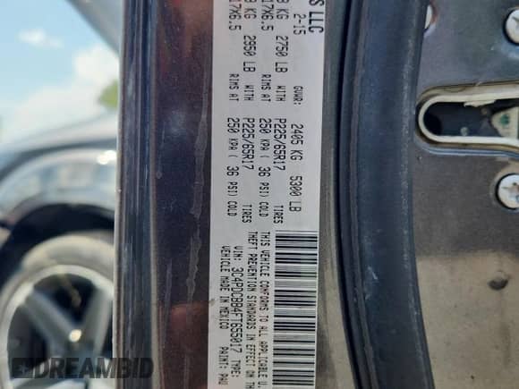 2015 Dodge Journey SXT with VIN 3C4PDCBB4FT655017, listed as a Copart auction lot 81322195 with 122,679 mi miles and Salvage title. Bid and sale history available at DreamBid. Image 14.