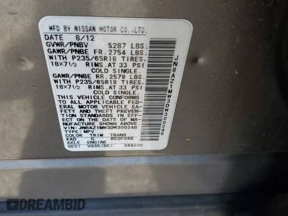 2013 Nissan Murano SL с VIN JN8AZ1MW3DW300248, выставлен на аукционе Copart как лот 85398535 с пробегом 167 115 миль миль и Чистый • Clean title. История ставок и продаж доступна на DreamBid. Изображение 13.