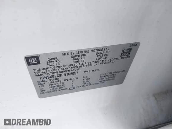 2015 Chevrolet Suburban с VIN 1GNSK5EC8FR162957, выставлен на аукционе IAAI как лот 42419837 с пробегом 73 573 миль миль и . История ставок и продаж доступна на DreamBid. Изображение 9.