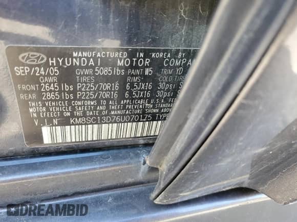 2006 Hyundai Santa Fe GLS с VIN KM8SC13D76U070175, выставлен на аукционе Copart как лот 76401764 с пробегом 110 154 миль миль и Чистый • Clean title. История ставок и продаж доступна на DreamBid. Изображение 13.