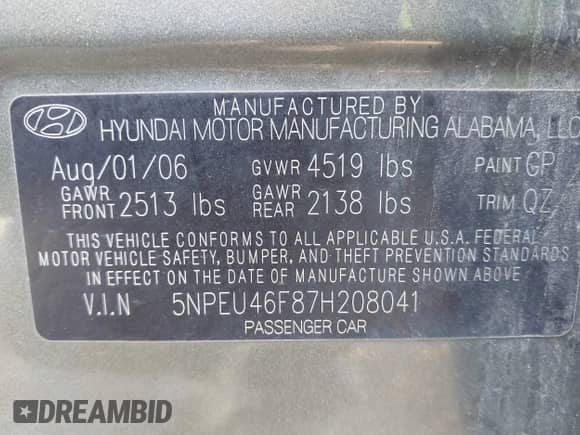 2007 Hyundai Sonata SE с VIN 5NPEU46F87H208041, выставлен на аукционе IAAI как лот 43348344 с пробегом 112 573 миль миль и . История ставок и продаж доступна на DreamBid. Изображение 9.