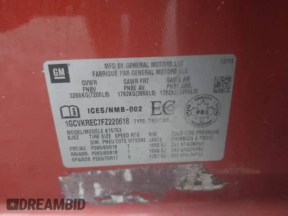 2015 Chevrolet Silverado 1500 LT с VIN 1GCVKREC7FZ220618, выставлен на аукционе IAAI как лот 42721887 с пробегом 175 717 миль миль и . История ставок и продаж доступна на DreamBid. Изображение 9.