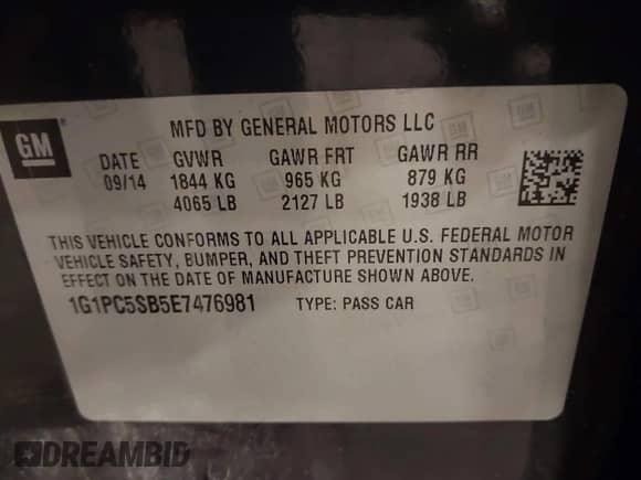 2014 Chevrolet Cruze 1LT with VIN 1G1PC5SB5E7476981, listed as a IAAI auction lot 43170700 with 152,644 mi miles and . Bid and sale history available at DreamBid. Image 9.