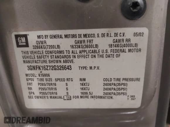 2002 Chevrolet Suburban Z71 with VIN 3GNFK16Z72G326643, listed as a IAAI auction lot 42305766 with 244,434 mi miles and . Bid and sale history available at DreamBid. Image 9.