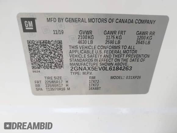 2020 Chevrolet Equinox LS z VIN 2GNAX5EV0L6184263, wystawiony jako IAAI lot #41422633 z przebiegiem 59 636 mil mil oraz . Historia ofert i sprzedaży dostępna na DreamBid. Obrazek 9.