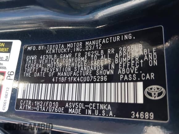 2012 Toyota Camry L с VIN 4T1BF1FK4CU075296, выставлен на аукционе IAAI как лот 43280361 с пробегом 203 339 миль миль и . История ставок и продаж доступна на DreamBid. Изображение 9.