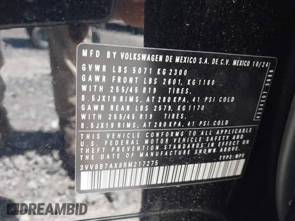 2024 Volkswagen Tiguan SE R-Line Black с VIN 3VV8B7AX8RM217275, выставлен на аукционе IAAI как лот 42241098 с пробегом 75 миль миль и . История ставок и продаж доступна на DreamBid. Изображение 9.