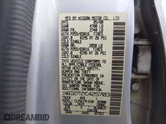 2000 Nissan Frontier XE with VIN 1N6ED27T2YC425703, listed as a IAAI auction lot 42687301 with 186,317 mi miles and . Bid and sale history available at DreamBid. Image 9.