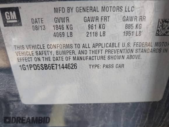 2014 Chevrolet Cruze 1LT with VIN 1G1PD5SB6E7144626, listed as a IAAI auction lot 42954169 with 139,854 mi miles and . Bid and sale history available at DreamBid. Image 9.