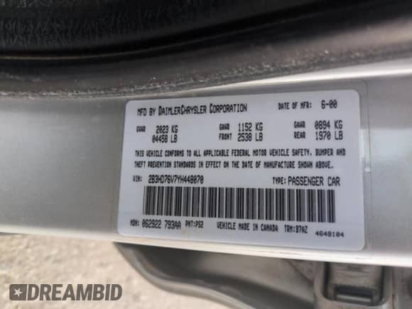 2000 Dodge Intrepid с VIN 2B3HD76V7YH448070, выставлен на аукционе Copart как лот 51178955 с пробегом 87 626 миль миль и Списание • Salvage title. История ставок и продаж доступна на DreamBid. Изображение 12.