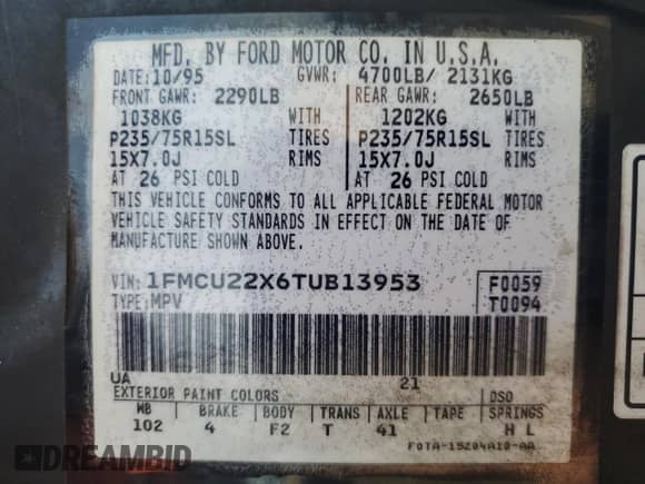 1996 Ford Explorer with VIN 1FMCU22X6TUB13953, listed as a Copart auction lot 57425965 with 296,836 mi miles and Salvage title. Bid and sale history available at DreamBid. Image 12.