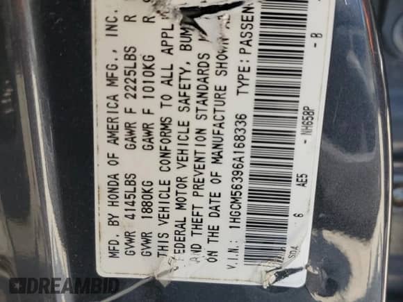 2006 Honda Accord LX SE with VIN 1HGCM56396A168336, listed as a Copart auction lot 65731435 with 135,512 mi miles and Salvage title. Bid and sale history available at DreamBid. Image 13.