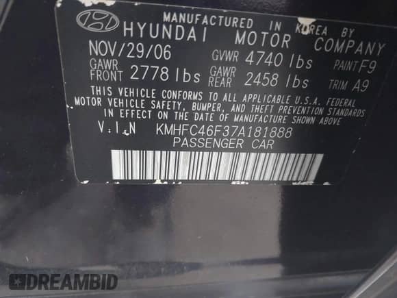 2007 Hyundai Azera SE with VIN KMHFC46F37A181888, listed as a IAAI auction lot 42982304 with 157,787 mi miles and . Bid and sale history available at DreamBid. Image 9.