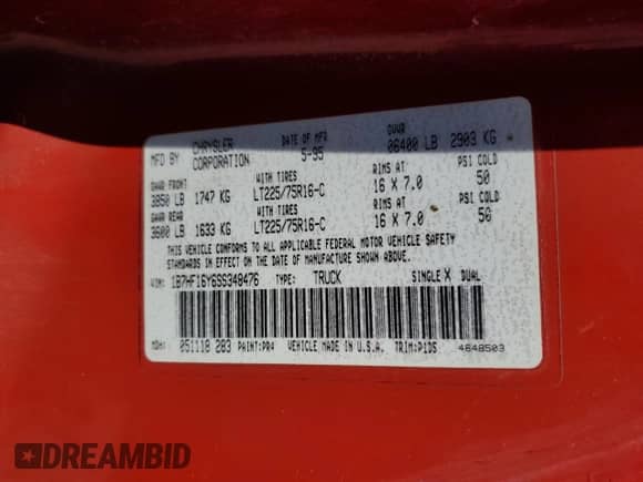 1995 Dodge 1500 with VIN 1B7HF16Y65S348476, listed as a Copart auction lot 71775214 with 243,325 mi miles and Non repairable. Bid and sale history available at DreamBid. Image 12.