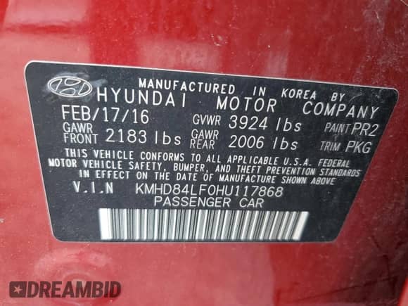 2017 Hyundai Elantra Limited with VIN KMHD84LF0HU117868, listed as a Copart auction lot 85517905 with 13,227 mi miles and Salvage title. Bid and sale history available at DreamBid. Image 12.