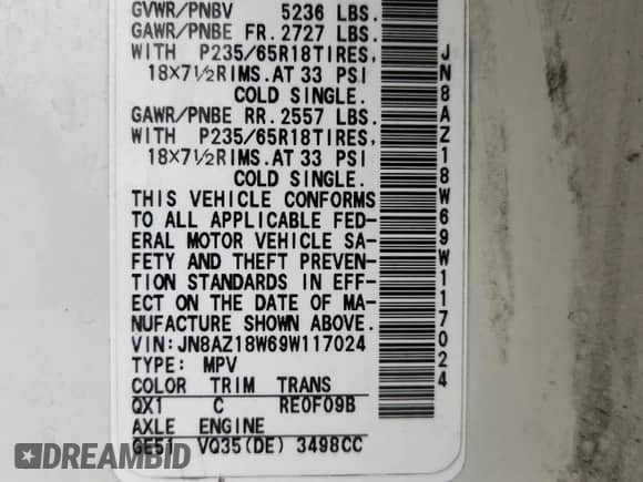 2009 Nissan Murano LE z VIN JN8AZ18W69W117024, wystawiony jako Copart lot #80122915 z przebiegiem 180 754 mil mil oraz Szkoda całkowita • Salvage title. Historia ofert i sprzedaży dostępna na DreamBid. Obrazek 12.