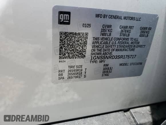 2025 Chevrolet Tahoe LT with VIN 1GNS5NRD3SR175717, listed as a Copart auction lot 68444905 with 17,475 mi miles and Clean title. Bid and sale history available at DreamBid. Image 13.