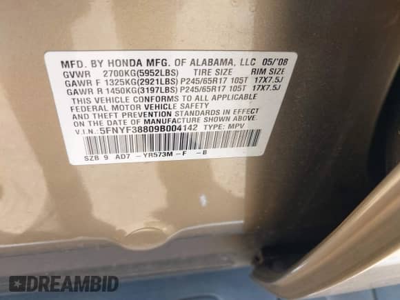 2009 Honda Pilot Touring with VIN 5FNYF38809B004142, listed as a IAAI auction lot 42337103 with 152,874 mi miles and . Bid and sale history available at DreamBid. Image 9.
